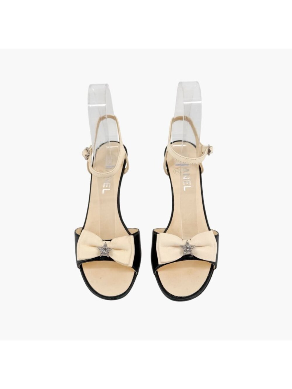 Chanel CC Crystal Star Bow Sandals Heels Cream Black Size 37.5 US 6.5-7 Women's - Picture 3 of 16